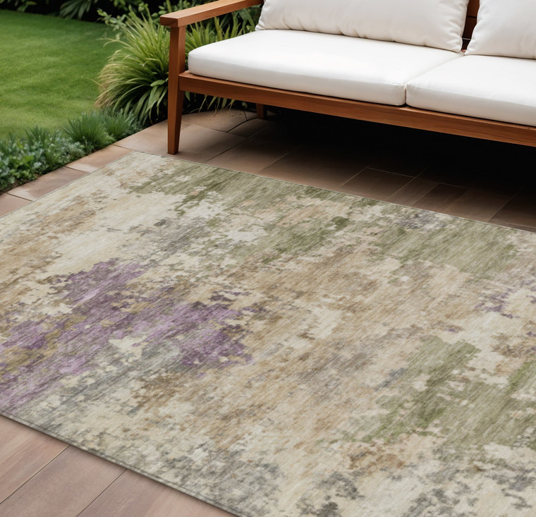 9' X 12' Beige Green And Purple Abstract Washable Indoor Outdoor Area Rug
