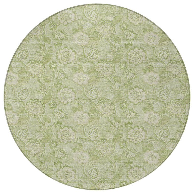 8' Sage And Mint Green Round Floral Washable Indoor Outdoor Area Rug