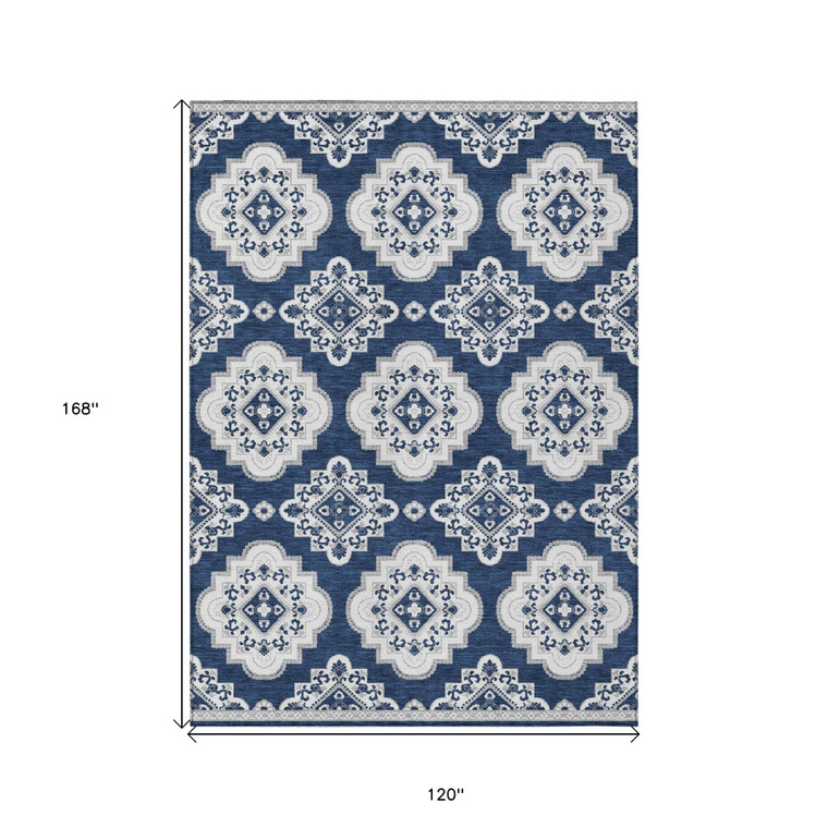 10' X 14' Navy Blue And Ivory Medallion Washable Indoor Outdoor Area Rug Transitional Style - Navy Blue, Ivory Color