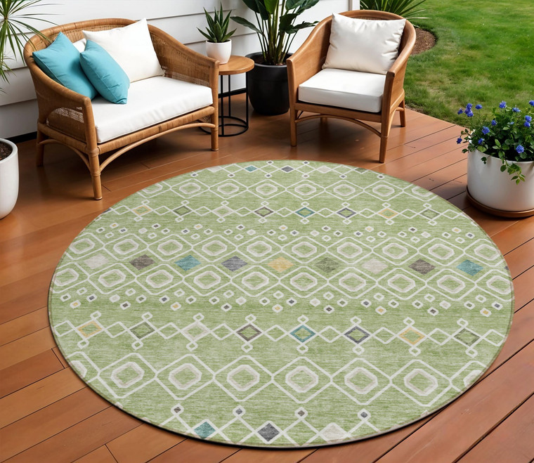 8' Sage Ivory And Teal Blue Round Geometric Washable Indoor Outdoor Area Rug