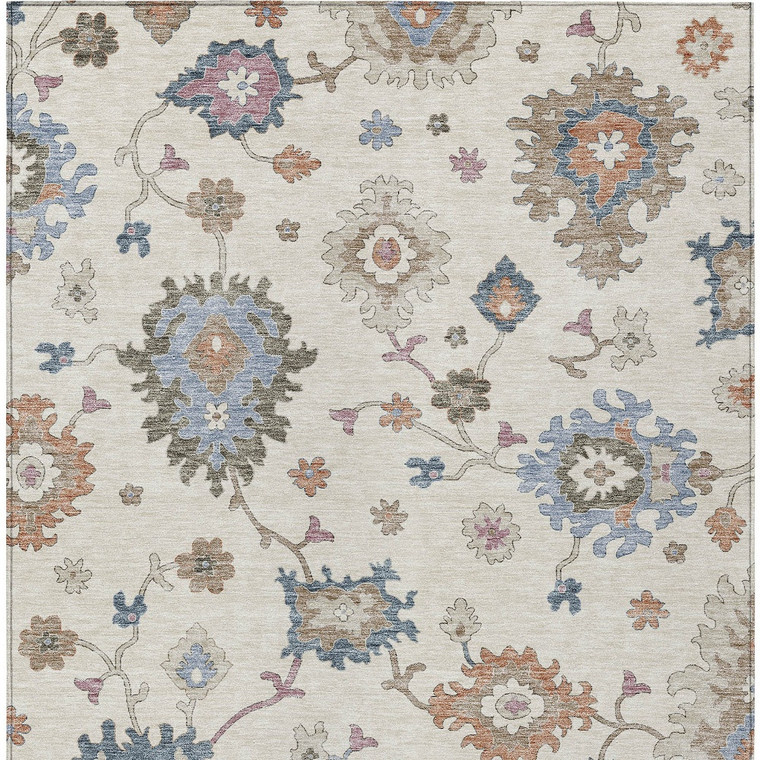 9' X 12' Ivory Brown And Blue Floral Washable Indoor Outdoor Area Rug