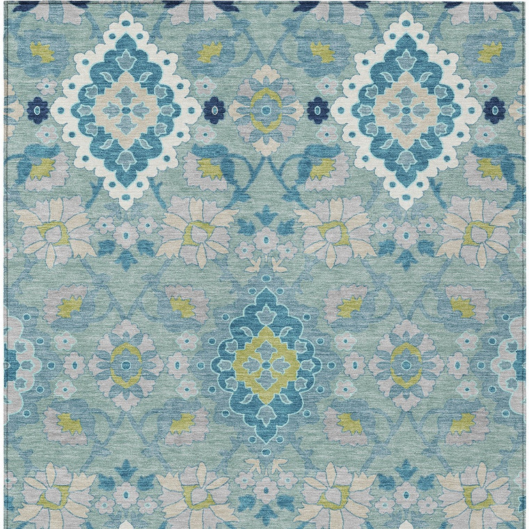 10' X 14' Teal Blue Green And Ivory Oriental Washable Indoor Outdoor Area Rug - Teal Blue, Green, Ivory