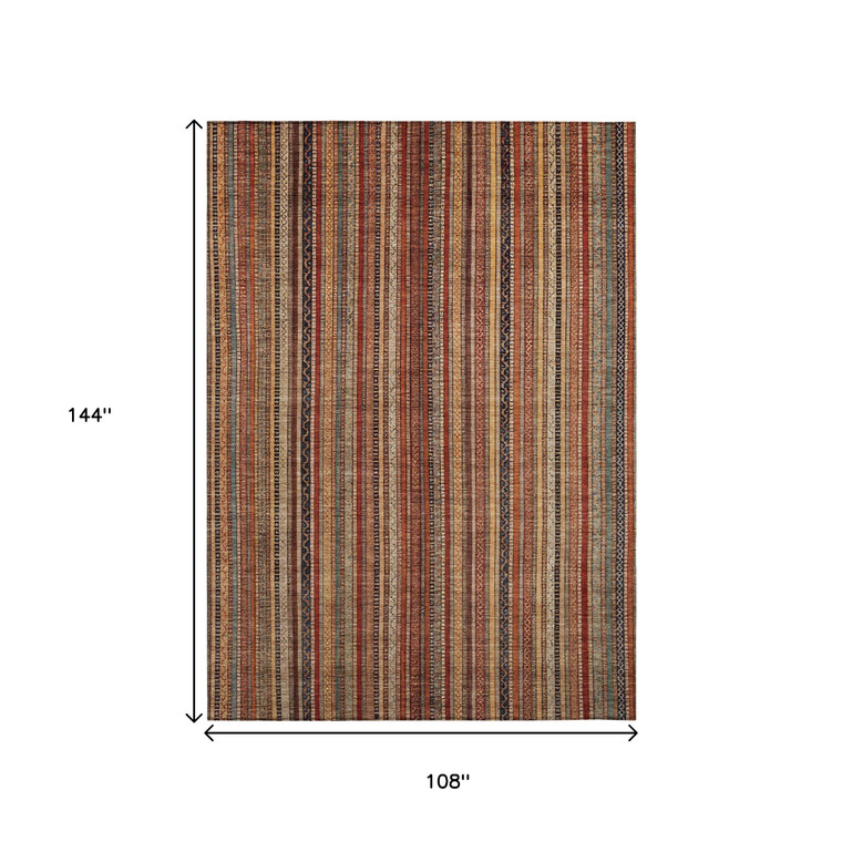 9' X 12' Rust Taupe And Gray Striped Washable Indoor Outdoor Area Rug