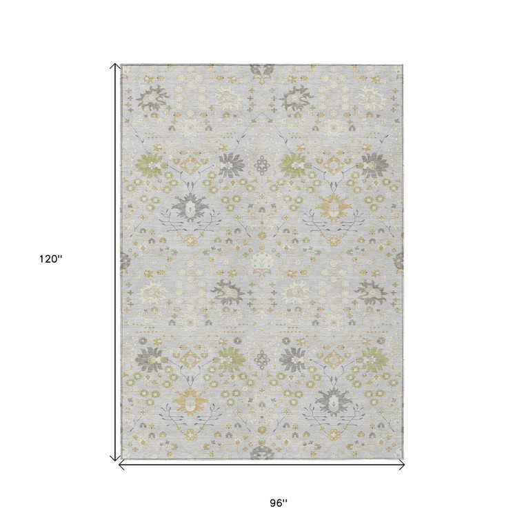 8' X 10' Silver Gray And Gold Oriental Washable Indoor Outdoor Area Rug