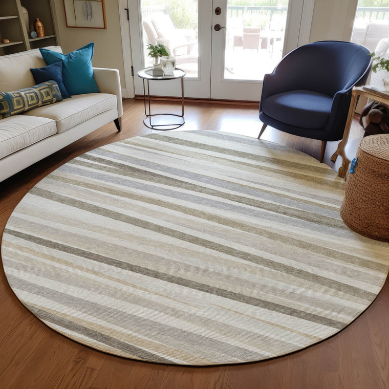 8' Ivory And Gray Round Striped Washable Indoor Outdoor Area Rug - Ivory, Gray