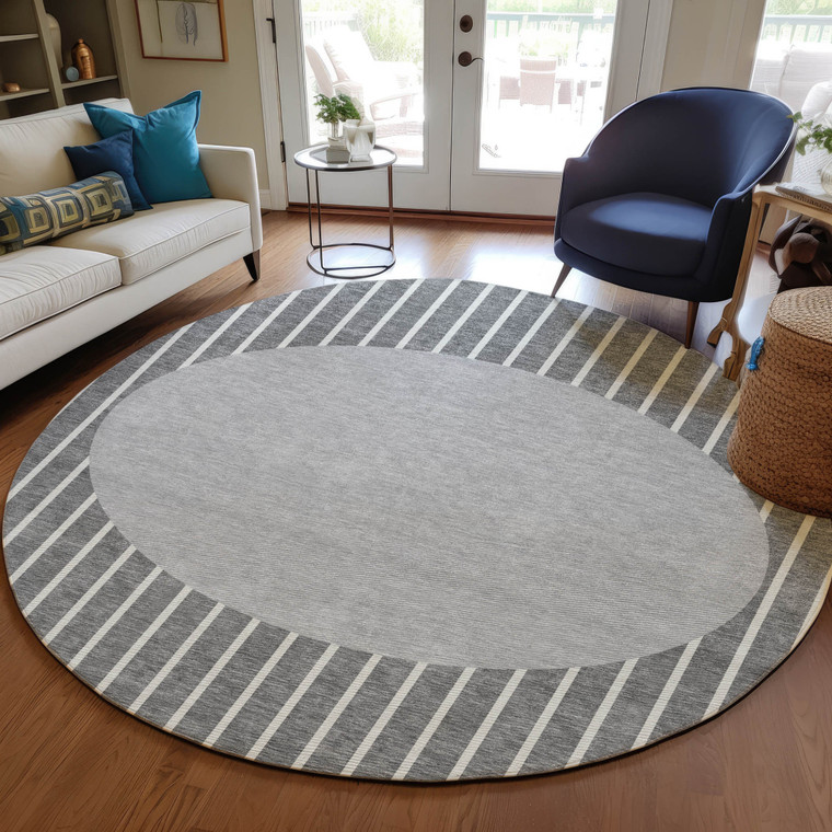 8' Gray And Ivory Round Striped Washable Indoor Outdoor Area Rug Transitional Style - Gray, Ivory Color