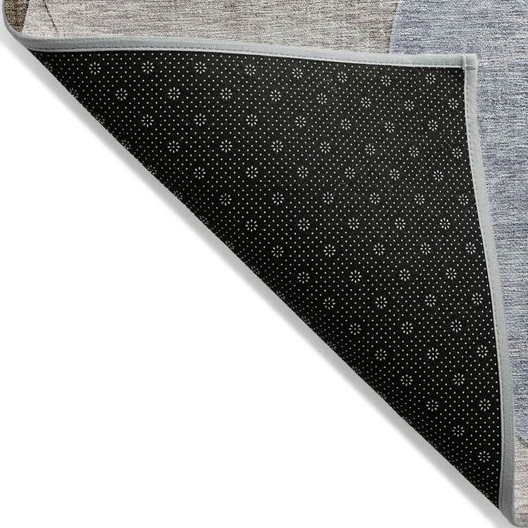 10' X 14' Denim Blue Brown And Beige Geometric Washable Indoor Outdoor Area Rug