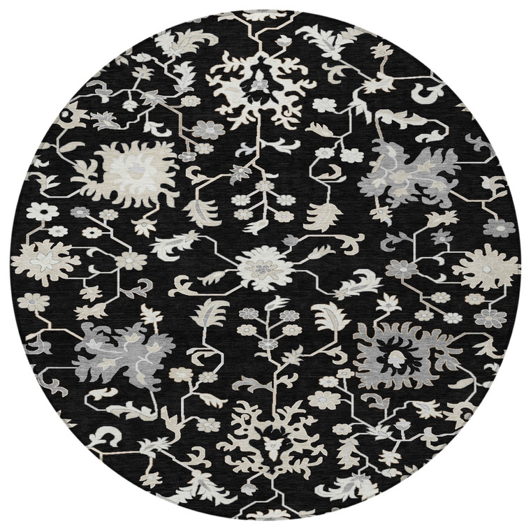8' Black Ivory And Gray Round Floral Washable Indoor Outdoor Area Rug