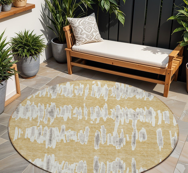 8' Gold Gray And Ivory Round Striped Washable Indoor Outdoor Area Rug - Gold, Gray, Ivory