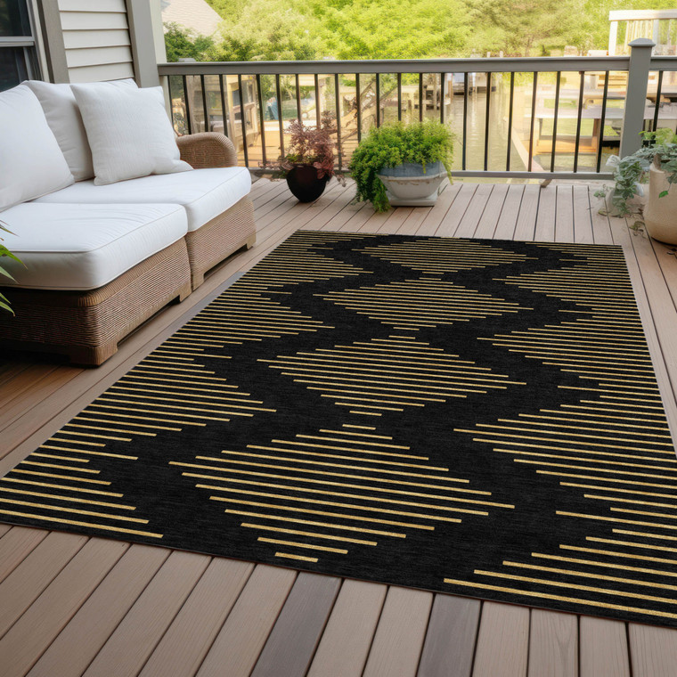 10' X 14' Black And Beige Geometric Washable Indoor Outdoor Area Rug