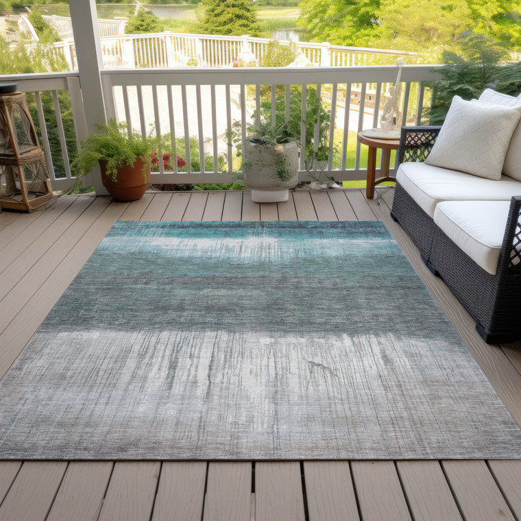8' X 10' Teal Blue And Gray Abstract Washable Indoor Outdoor Area Rug - Teal Blue, Gray