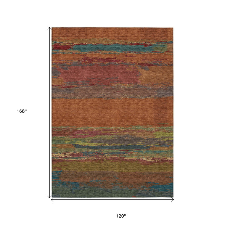 10' X 14' Terra Cotta Abstract Washable Indoor Outdoor Area Rug