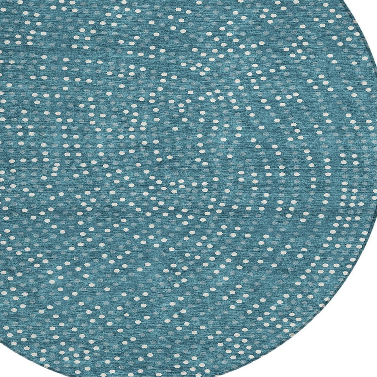 8' Teal Blue Gray And Ivory Round Polka Dot Washable Indoor Outdoor Area Rug - Teal Blue, Gray, Ivory