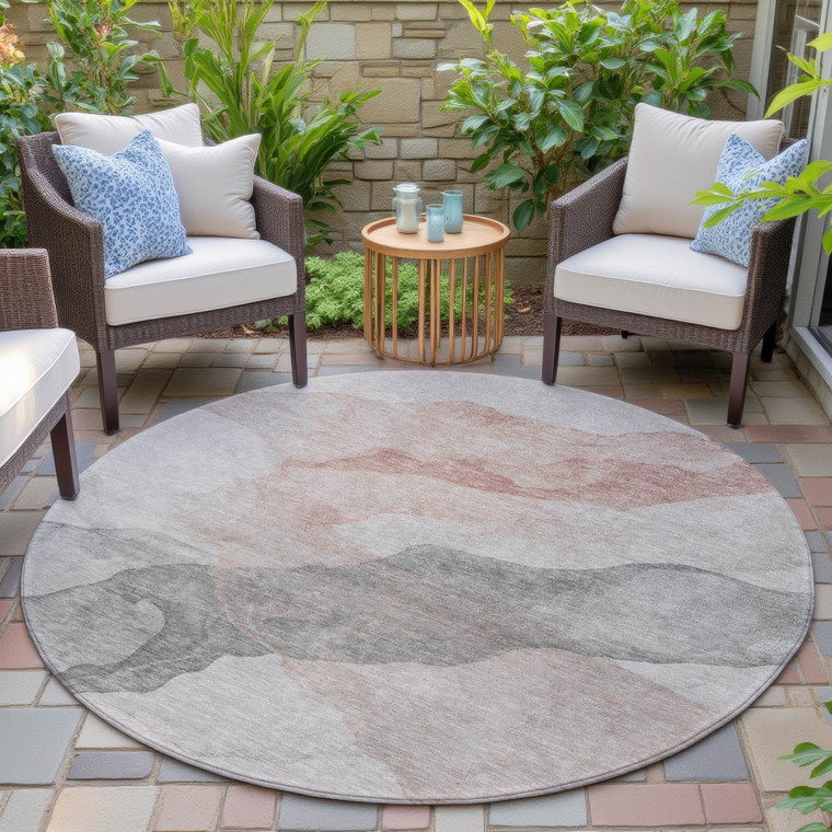 8' Salmon And Gray Round Abstract Washable Indoor Outdoor Area Rug