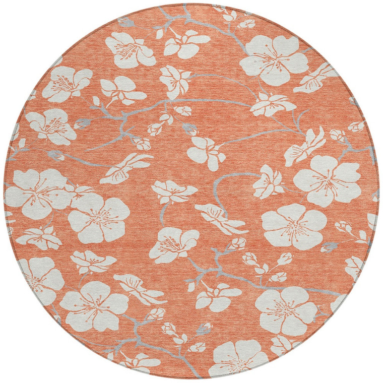 8' Coral Ivory And Gray Round Floral Washable Indoor Outdoor Area Rug