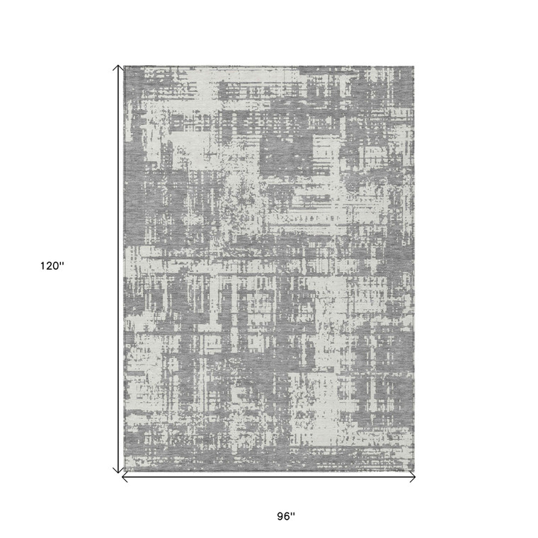 8' X 10' Gray And Ivory Abstract Washable Indoor Outdoor Area Rug Transitional Style - Gray, Ivory Color