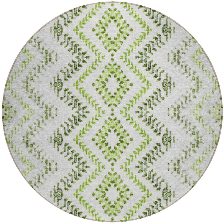 8' Green Ivory And Gray Round Geometric Washable Indoor Outdoor Area Rug