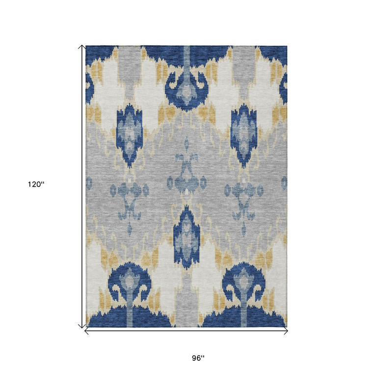 8' X 10' Navy Blue Ivory And Gray Ikat Washable Indoor Outdoor Area Rug