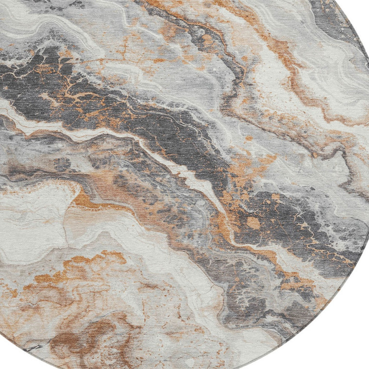 8' Silver And Copper Round Abstract Washable Indoor Outdoor Area Rug