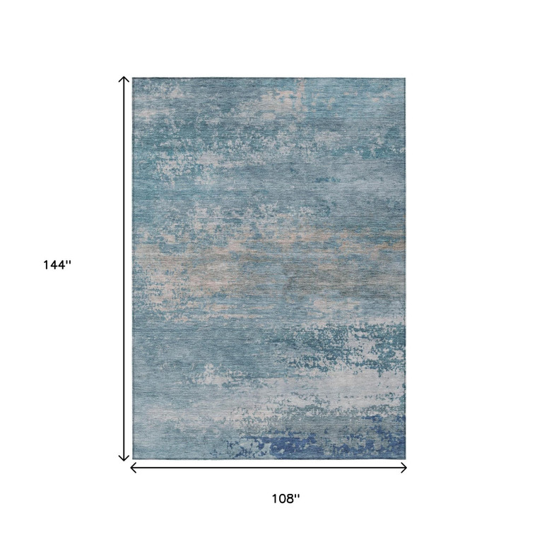 9' X 12' Sky Blue And Gray Abstract Washable Indoor Outdoor Area Rug