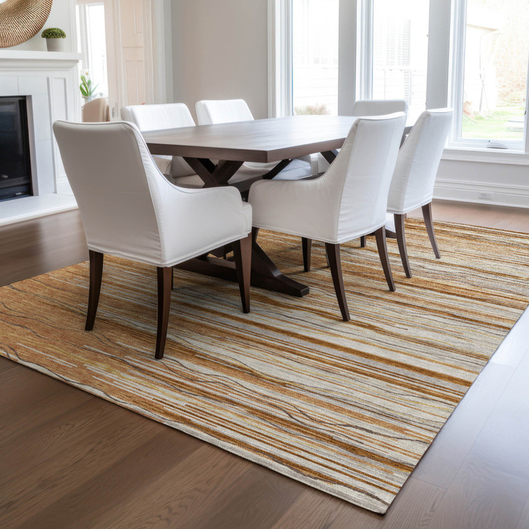 9' X 12' Brown Copper And Ivory Striped Washable Indoor Outdoor Area Rug