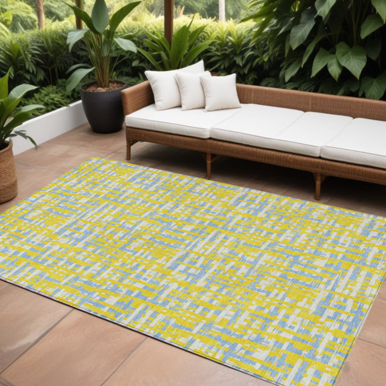 10' X 14' Yellow Denim Blue And Beige Abstract Washable Indoor Outdoor Area Rug