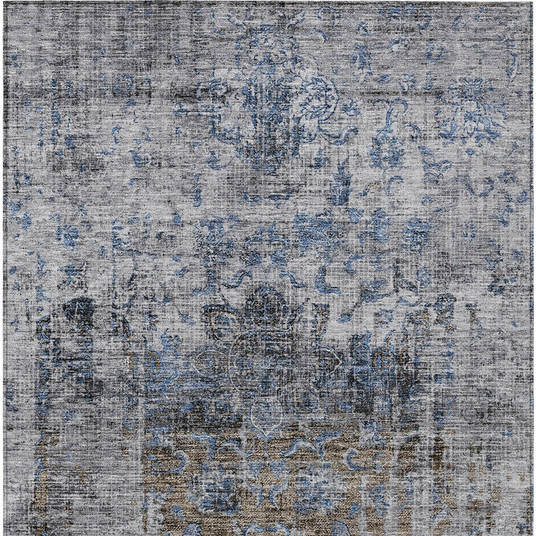 10' X 14' Blue And Gray Floral Washable Indoor Outdoor Area Rug