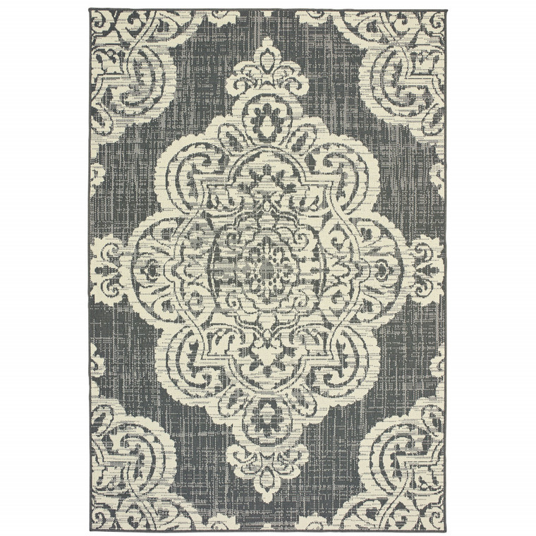 8' X 11' Grey Oriental Stain Resistant Indoor Outdoor Area Rug - 606114582625