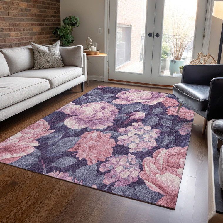 8' X 10' Pink And Mauve Floral Washable Indoor Outdoor Area Rug - Pink, Gray