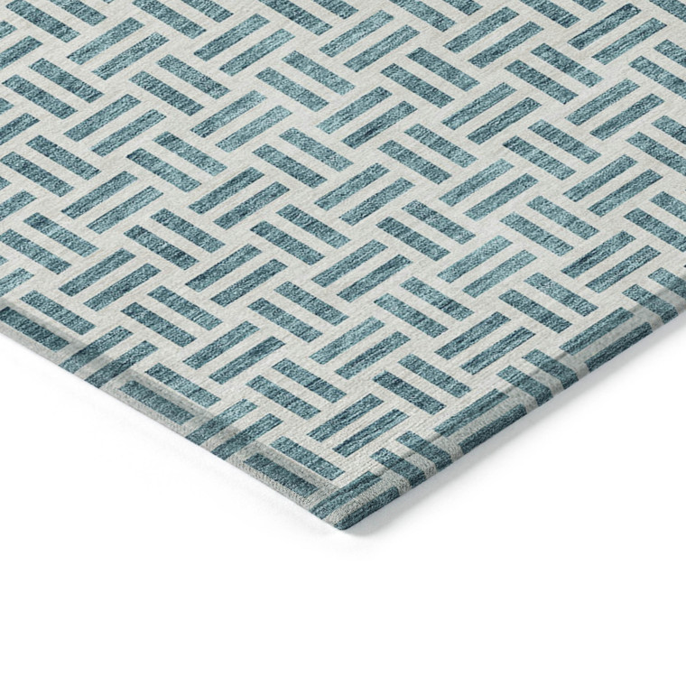 10' X 14' Teal Blue And Ivory Geometric Washable Indoor Outdoor Area Rug - Teal Blue, Ivory