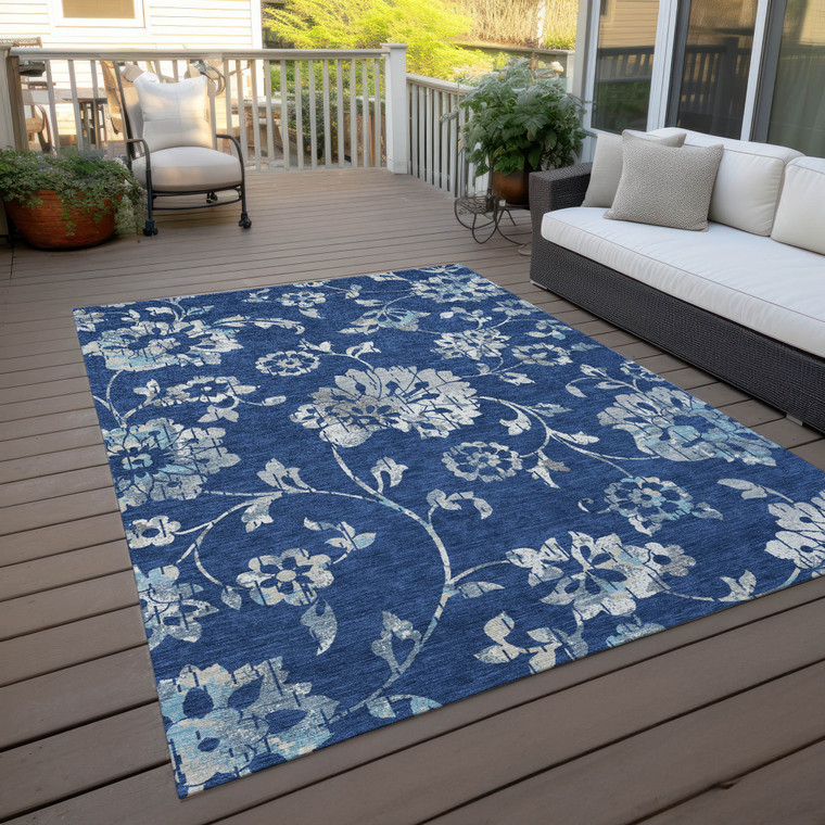 9' X 12' Navy Blue And Gray Floral Washable Indoor Outdoor Area Rug