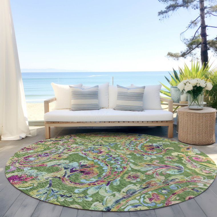 8' Fern Green And Artichoke Green Round Paisley Washable Indoor Outdoor Area Rug