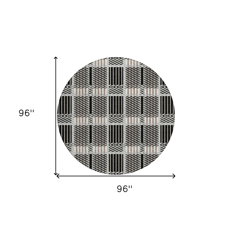 8' Black Gray And Brown Round Plaid Washable Indoor Outdoor Area Rug