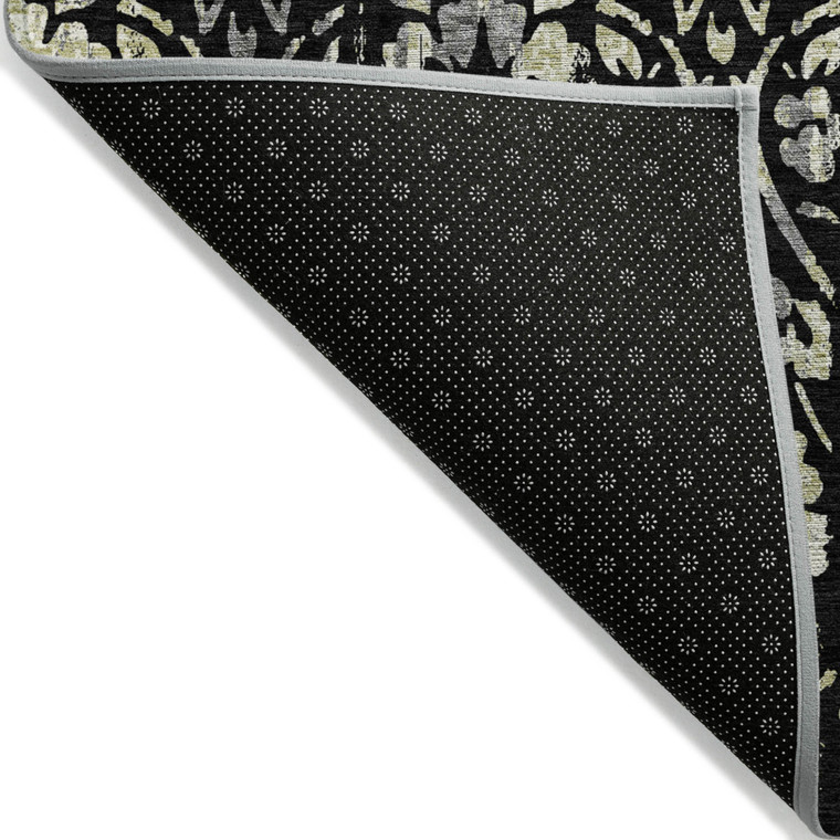 10' X 14' Black Gray And Ivory Floral Washable Indoor Outdoor Area Rug