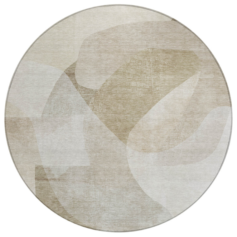 8' Beige And Taupe Round Abstract Washable Indoor Outdoor Area Rug - Beige, Taupe