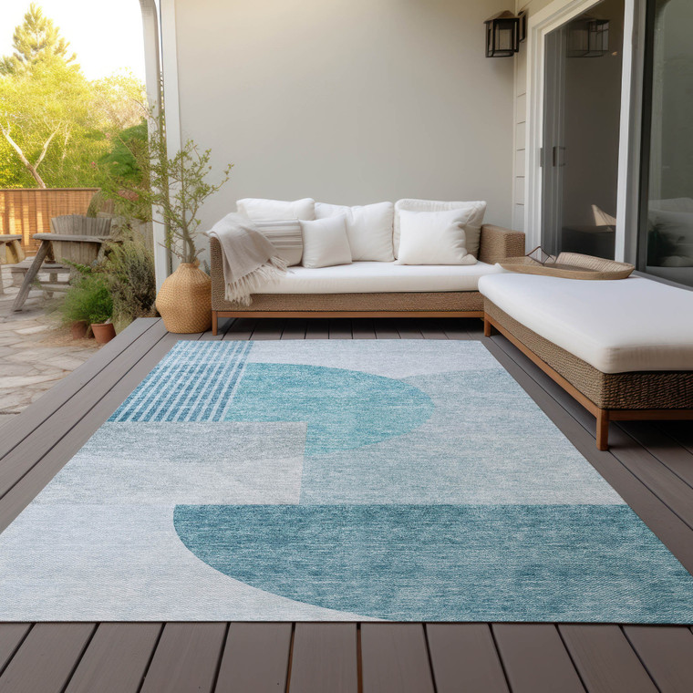 8' X 10' Teal Blue And Silver Geometric Washable Indoor Outdoor Area Rug