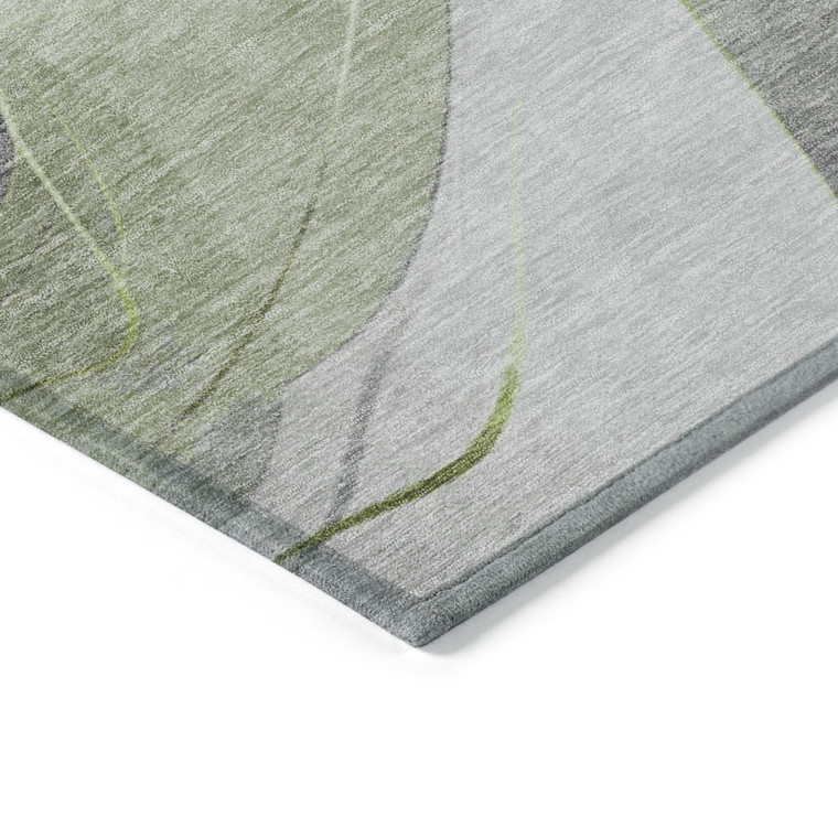 9' X 12' Artichoke Green Gray And Silver Abstract Washable Indoor Outdoor Area Rug