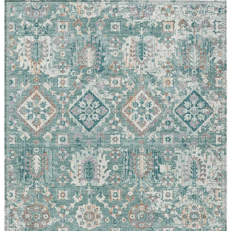 10' X 14' Pale Aqua And Copper Floral Medallion Washable Indoor Outdoor Area Rug