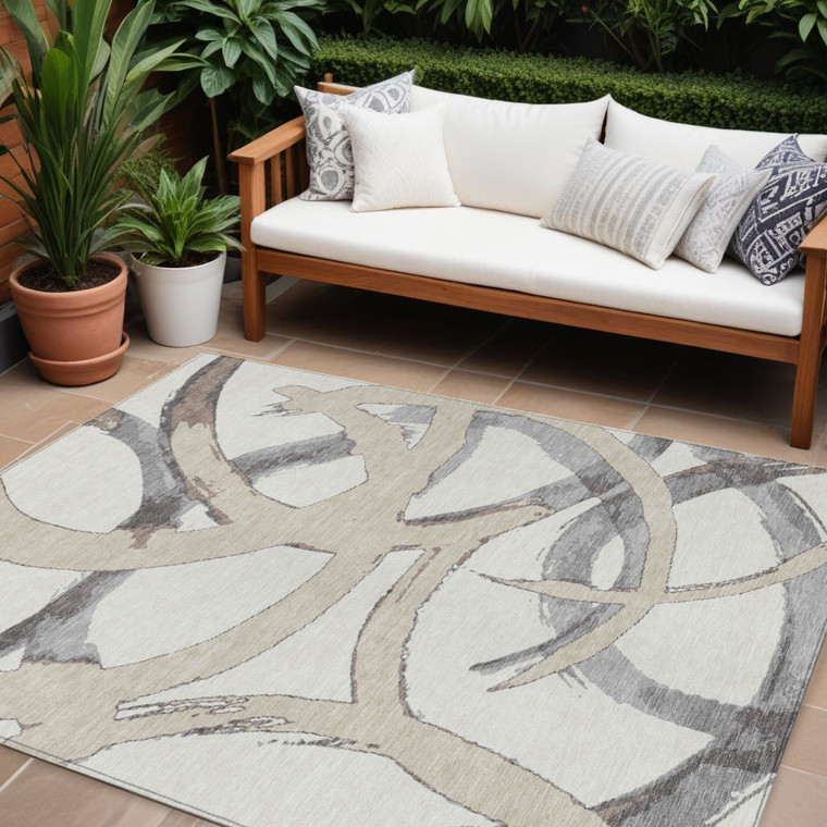 10' X 14' Ivory Gray And Beige Abstract Washable Indoor Outdoor Area Rug