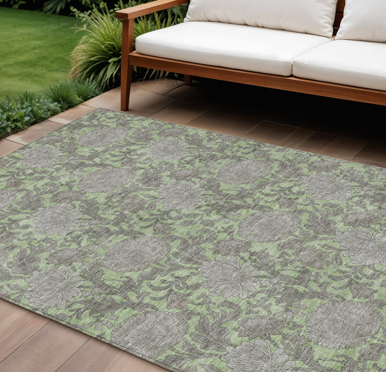 8' X 10' Artichoke Green Gray And Taupe Floral Washable Indoor Outdoor Area Rug