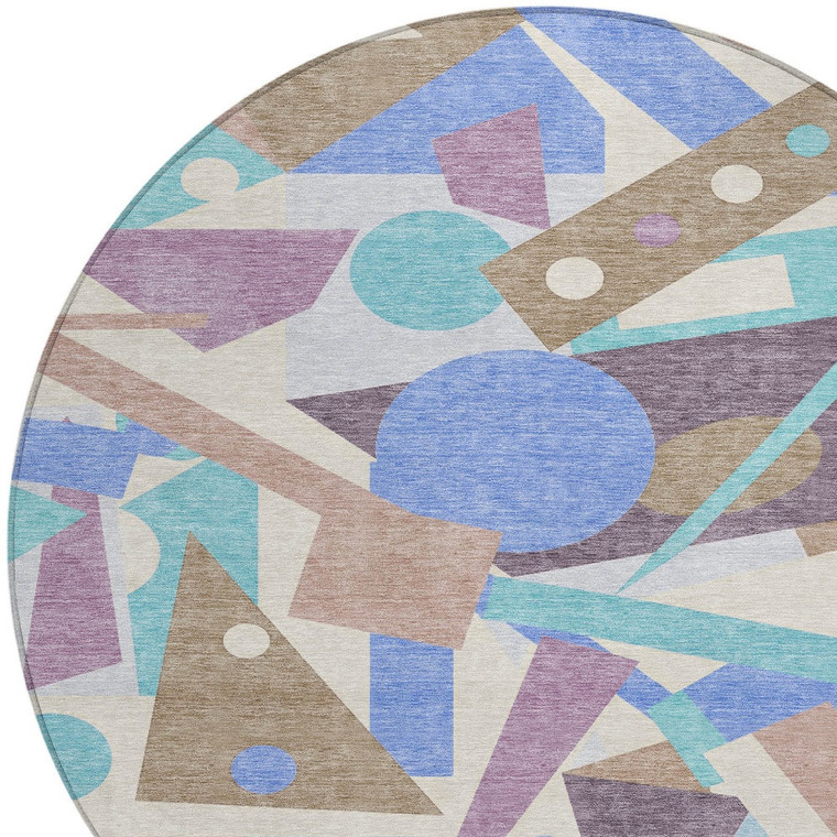 8' Brown Teal Blue And Ivory Round Geometric Washable Indoor Outdoor Area Rug