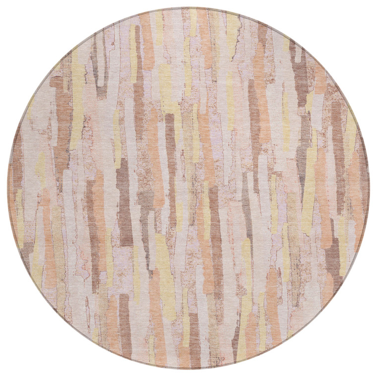8' Pink And Beige Round Striped Washable Indoor Outdoor Area Rug