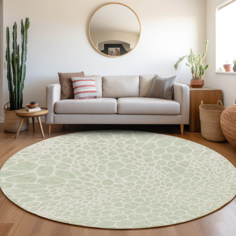 8' Mint Green And Ivory Round Geometric Washable Indoor Outdoor Area Rug - Mint Green, Ivory