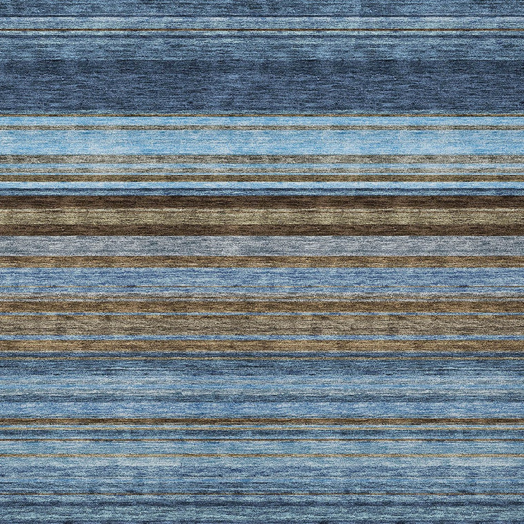 10' X 14' Navy Blue Sky Blue And Taupe Striped Washable Indoor Outdoor Area Rug