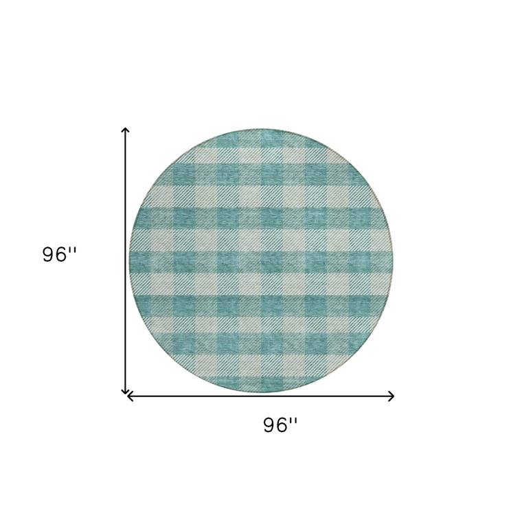 8' Teal Blue And Ivory Round Plaid Washable Indoor Outdoor Area Rug