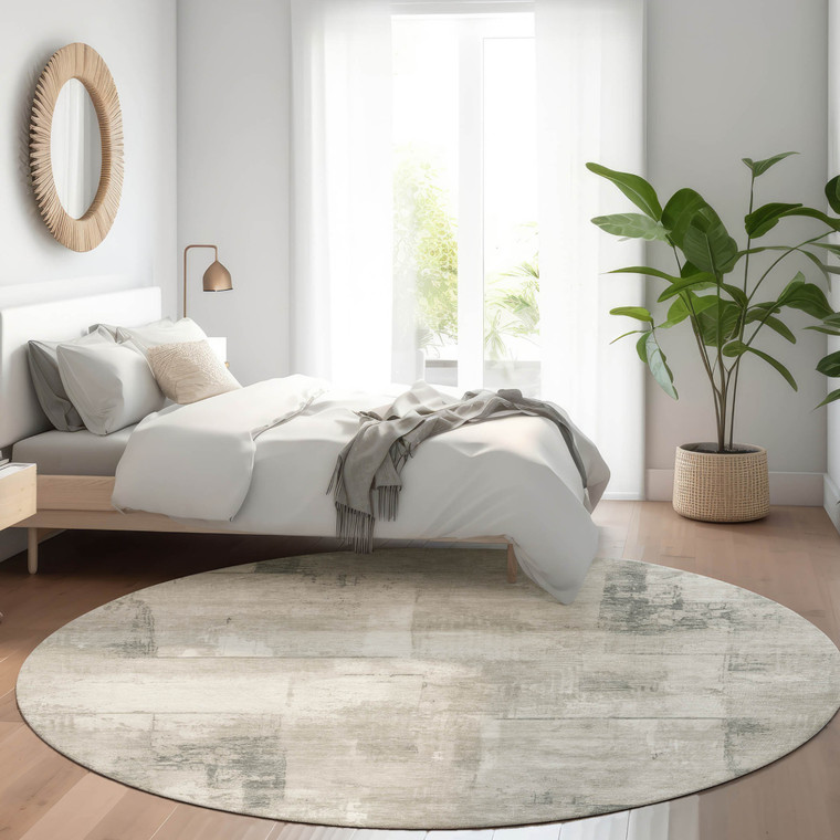 8' Beige And Gray Round Geometric Washable Indoor Outdoor Area Rug - Beige, Gray