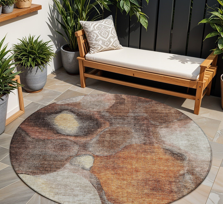 8' Coffee Copper And Beige Round Abstract Washable Indoor Outdoor Area Rug