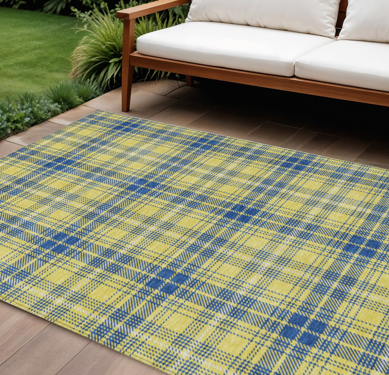 10' X 14' Yellow Blue And Ivory Plaid Washable Indoor Outdoor Area Rug
