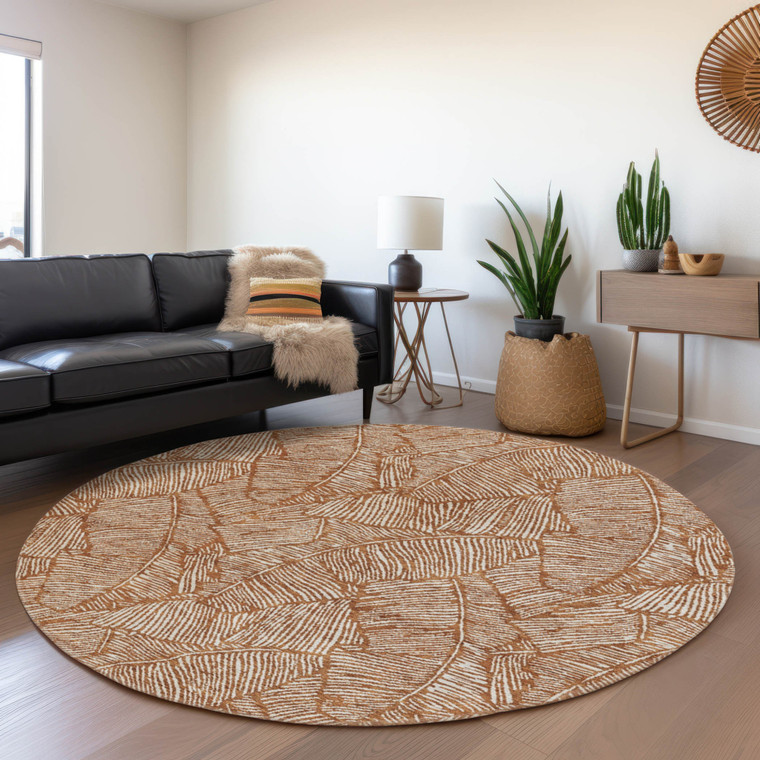 8' Copper And Beige Round Floral Washable Indoor Outdoor Area Rug Transitional Style - Copper, Beige Color