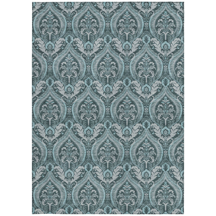9' X 12' Teal Damask Washable Non Skid Indoor Outdoor Area Rug